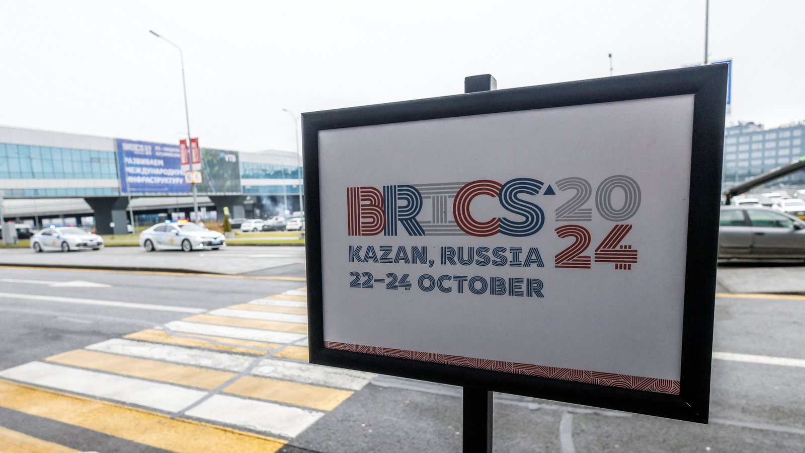 A view shows a placard with the logo of the Brics summit at the Kazan airport in Russia on 21 October 2024 (Maxim Shemetov/Reuters)