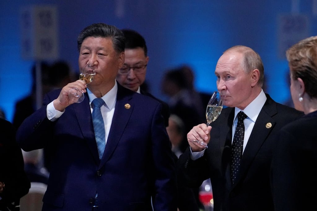 Chinese President Xi Jinping and Russian President Vladimir Putin attend a reception during the Brics summit in Kazan, Russia, on Wednesday. Their countries are considered close partners in global affairs. Photo: Reuters