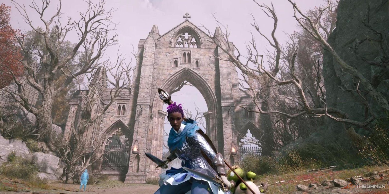 A character stands in front of an arch in Throne and Liberty, wielding Daggers and a Staff.